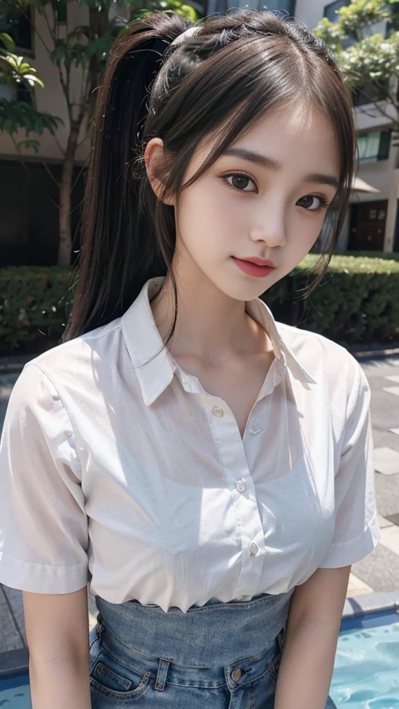White collared shirt,jeans,Park,On the lawn,Close up face,One woman,masutepiece, The highest image quality, High quality, the background is clear,Beautiful woman, Japanese,Ultra-detailed, finely detail, hight resolution, 8K Wallpaper, Perfect dynamic composition, Beautiful detailed eyes , Detailed, Detailed eyes, Detailed skin, Beautiful skin, 超hight resolution, (reality: 1.4),Very beautiful woman, Slightly younger face, Beautiful skin, slender, (Ultra photo realsisim), (hight resolution), (8K), (Very detailed) (beautifully detailed eyes), (super detailed), (Detailed face), view the viewer, Fine details, Detailed face, Staring straight ahead, Staring straight ahead, photos realistic, Bright lighting, Professional Lighting, Black hair,poneyTail,a baby face,fourteen years old,Hairstyle: ponytail,Long ponytail hairstyle,slight smile,neat and tidy clothing,Beautiful Japanese KPOP idol photo, hair style is ponytail, my eyes are double and wide, baby face, smile and look straight ahead, slender, small breasts,Close up face,