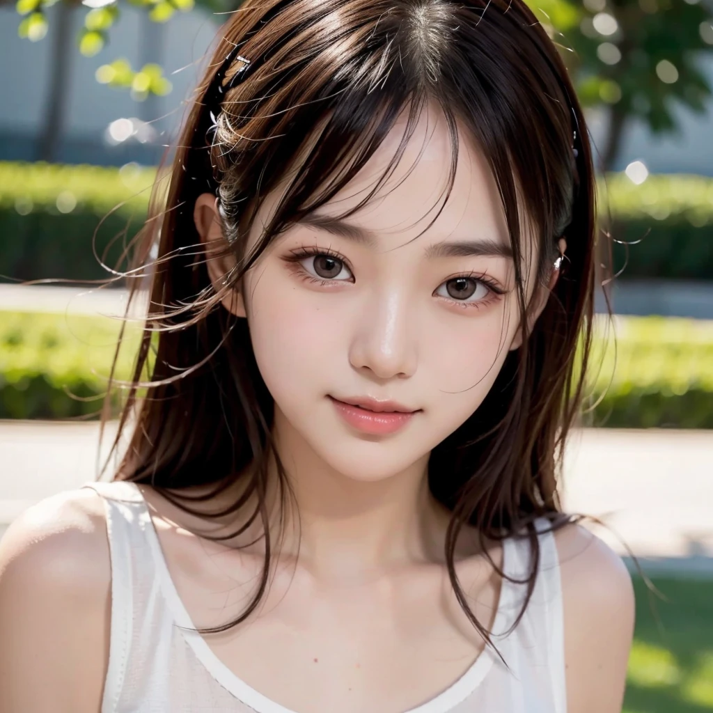 (Highest quality,masterpiece:1.3,Ultra-high resolution),(Very detailed,Caustics,8K),(Realistic:1.4,RAW shooting),22 years old,,(I'm looking at the camera with a smile on my face)Brown Hair,Medium Hair、Korean model、Soft sunlight,Natural light、9 heads、Solo Snap、、Korean、Hanging eyes、Fireworks display