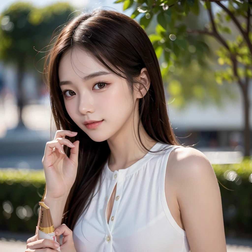 (Highest quality,masterpiece:1.3,Ultra-high resolution),(Very detailed,Caustics,8K),(Realistic:1.4,RAW shooting),22 years old,,(I'm looking at the camera with a smile on my face)Brown Hair,Medium Hair、Korean model、Soft sunlight,Natural light、9 heads、Solo Snap、、Korean、Hanging eyes、Fireworks display
