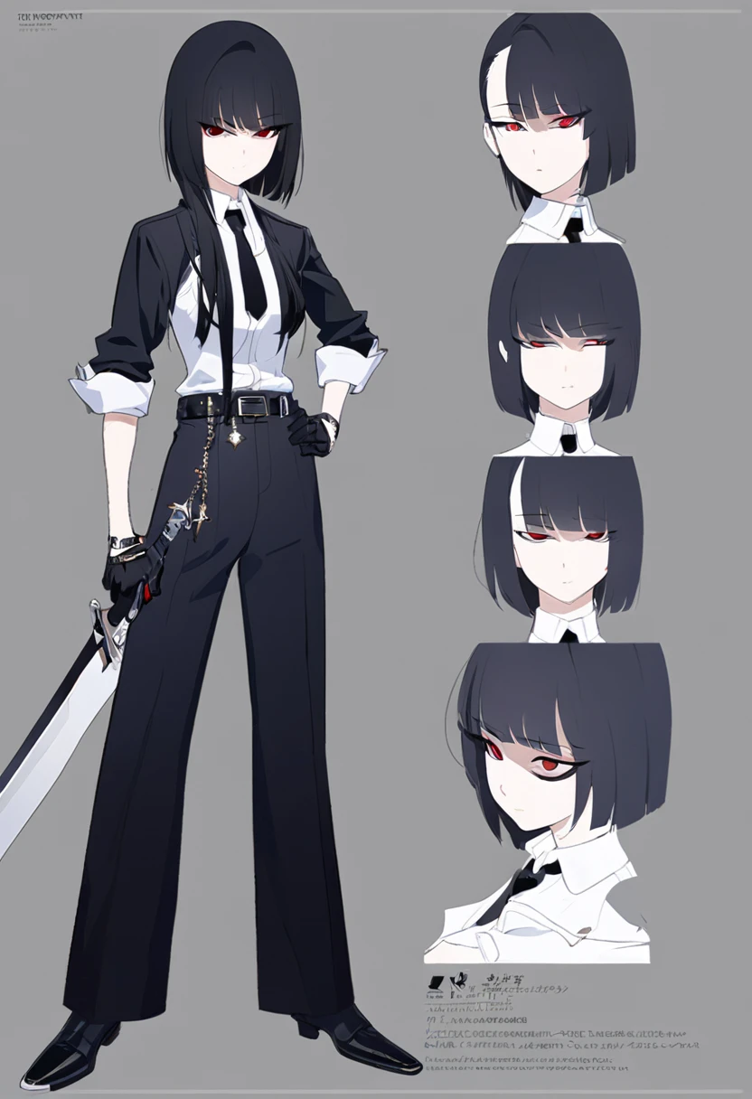 One woman,Dynamic,whole body,Are standing,mysterious,Concept Art,Character Design,Jet black straight hair,The bangs are trimmed to accentuate the eyes.,Well-proportioned face,Sharp Eyes,White shirt,Black tie,Black slacks,Silver cufflinks on the left hand,On the ring finger of her right hand she wears a simple silver ring.。Luxury watches,Black leather shoes,beltでウエストラインを強調,Stylish,Red eyes,belt,Stylish,Simple background gray,Details,Okabo Hair,Half-open eyes,Cool appearance,,Black gloves,Short Hair,Narrow eyes,Accentuated body lines,Has a sword on his waist,
