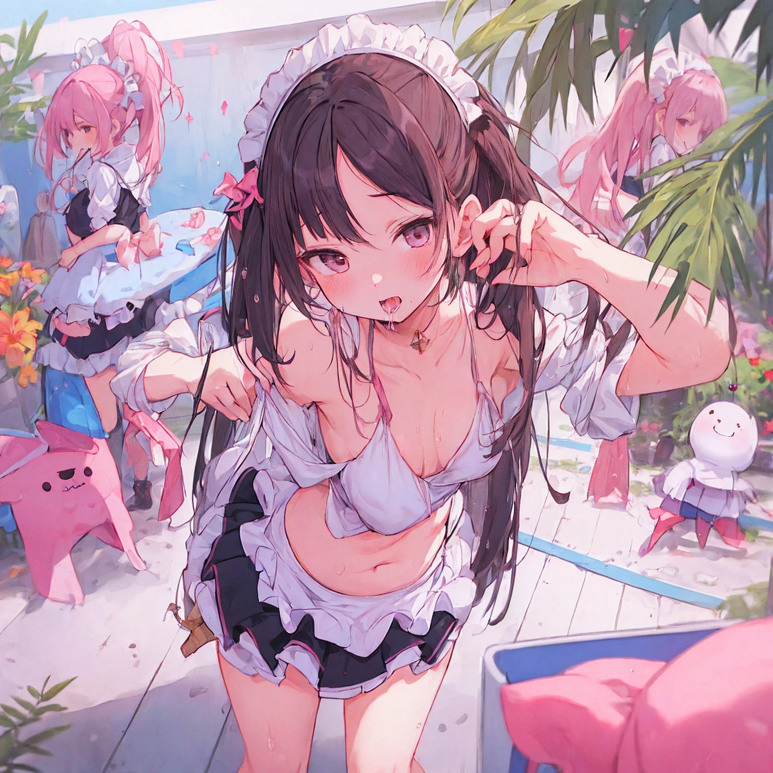 ((日本人のgirl1人、aldult)), ( small)), Black Hair、Brown Hair、masterpiece, 最high quality, high quality, Highly detailed 8K wallpapers,amusement park、Pink Hair、Tropical night、Extreme heat、Heavy breathing、breathe、Sweat、Head ornament、cute girls、Cute Maid、Bold Pose、(Shut your mouth.、Secrete saliva)、Big nipples、Wait for orders、No fixes、Tingling in the mouth、(girl、classmate、Squid Belly、Wearing pink)、（No underwear）、Beautiful flat breasts、（激しいSweat）、(Saliva volume:1.4）、(、Cute belly、Prephysiology、Abdominal distention、Spreading pussy、Squirting）、（stroking the stomach:2）、(A comfortable face、Beautiful Face）、（serving）、（Trembling in the lower back:2）、Life-size、In front of the camera、Walk with your feet together