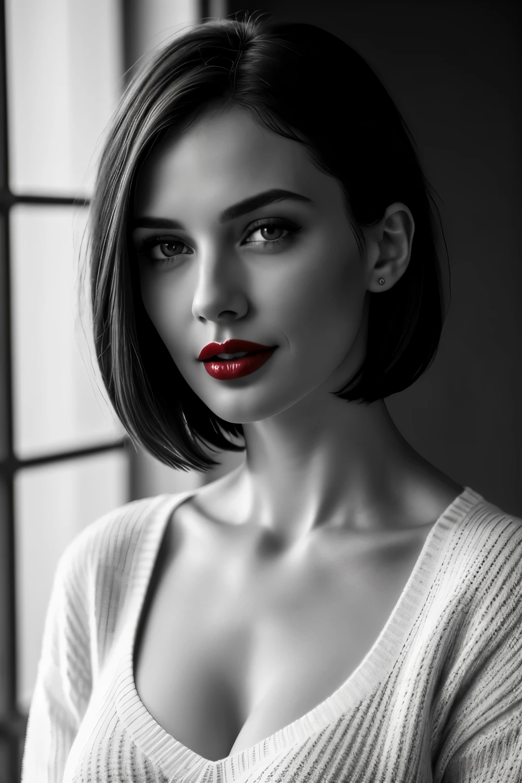 Tabletop, Highest quality, Realistic, Very detailed, finely, High resolution, 8k wallpaper, RAW Photos, Professional, High level of detail, 1 Girl, (((Black and white photography))), (((Red lips))), ((Looking into the camera)), (look forward to), Upper Body, short hair, Bob Hair, (Straight hair), Shapely breasts, Cleavage, White V-neck light knit sweater