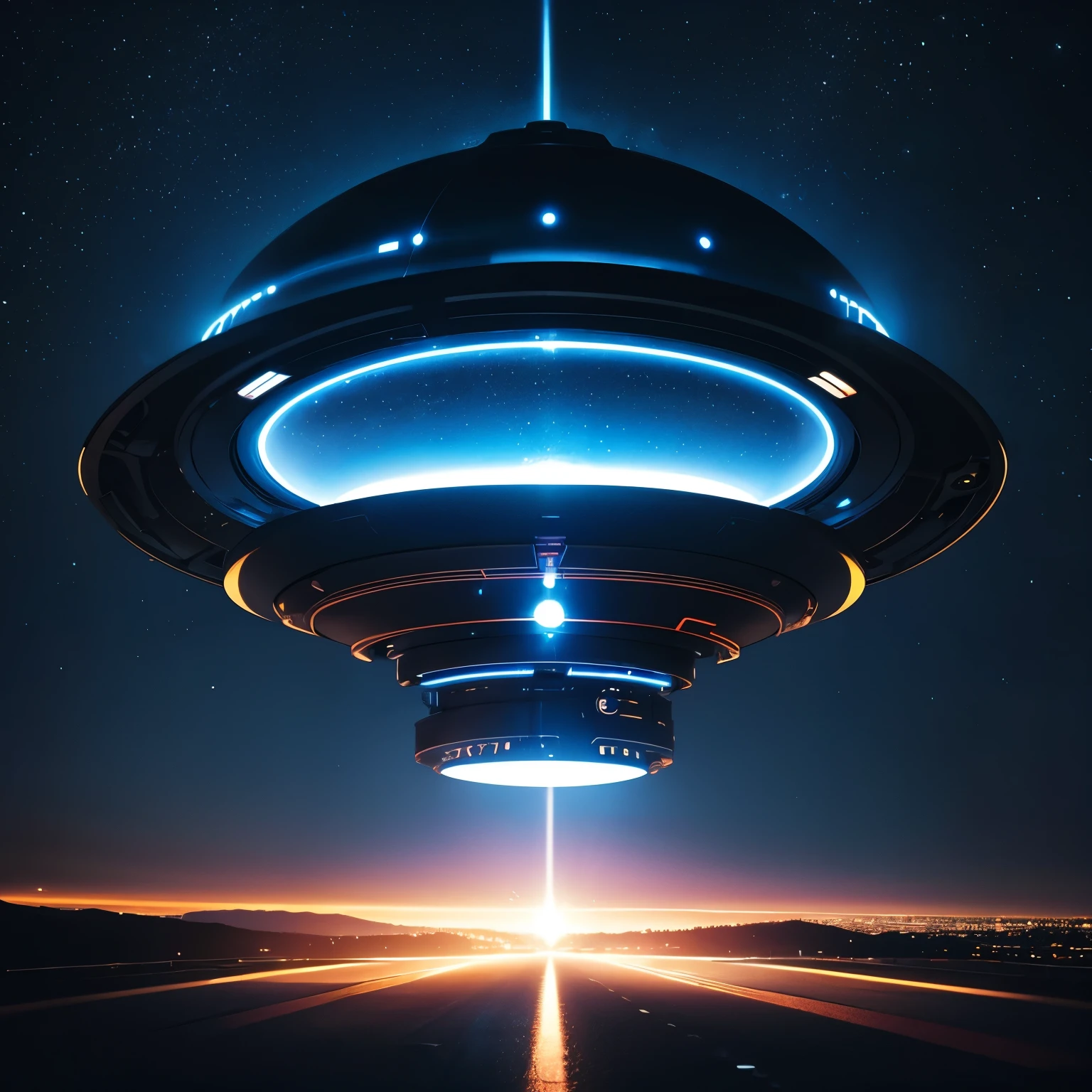 UFO、Light is shining from the bottom of the disk toward the ground.。Night Scenery