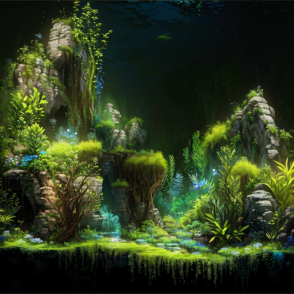 there is an aquarium with plants and rocks in it, Iwagumi Waterscape, aquatic plants, overgrown with aquatic plants, aquatic plants, detailed scenery - width 672, theophanic atmospheric nursery, river with low plants, beautiful environment, moss, ecossistema, moss landscape, underwater plants, Lush Environment, incredible depth. black background with slight variation towards blue.