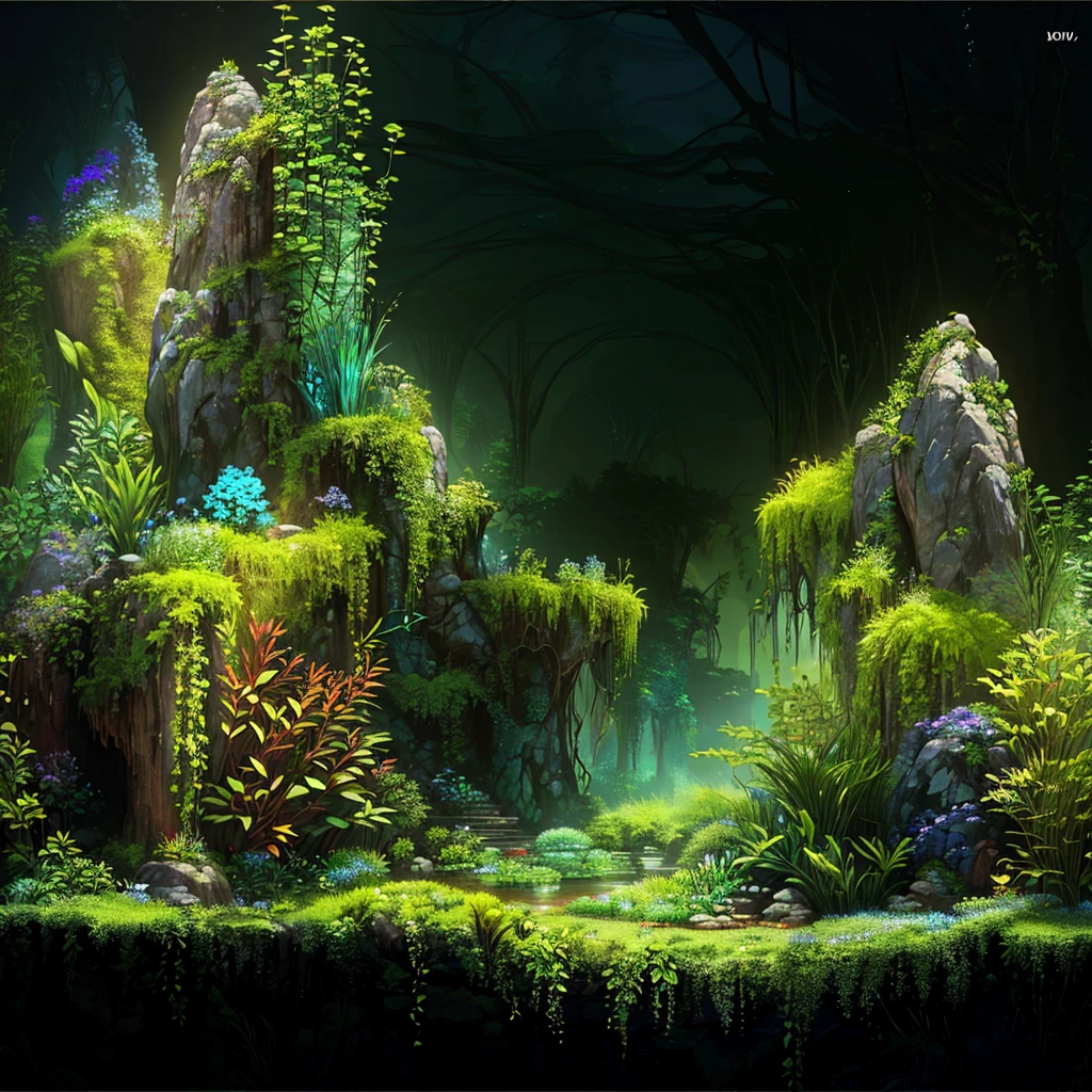 there is an aquarium with plants and rocks in it, Iwagumi Waterscape, aquatic plants, overgrown with aquatic plants, aquatic plants, detailed scenery - width 672, theophanic atmospheric nursery, river with low plants, beautiful environment, moss, ecossistema, moss landscape, underwater plants, Lush Environment, incredible depth. black background with slight variation towards blue.