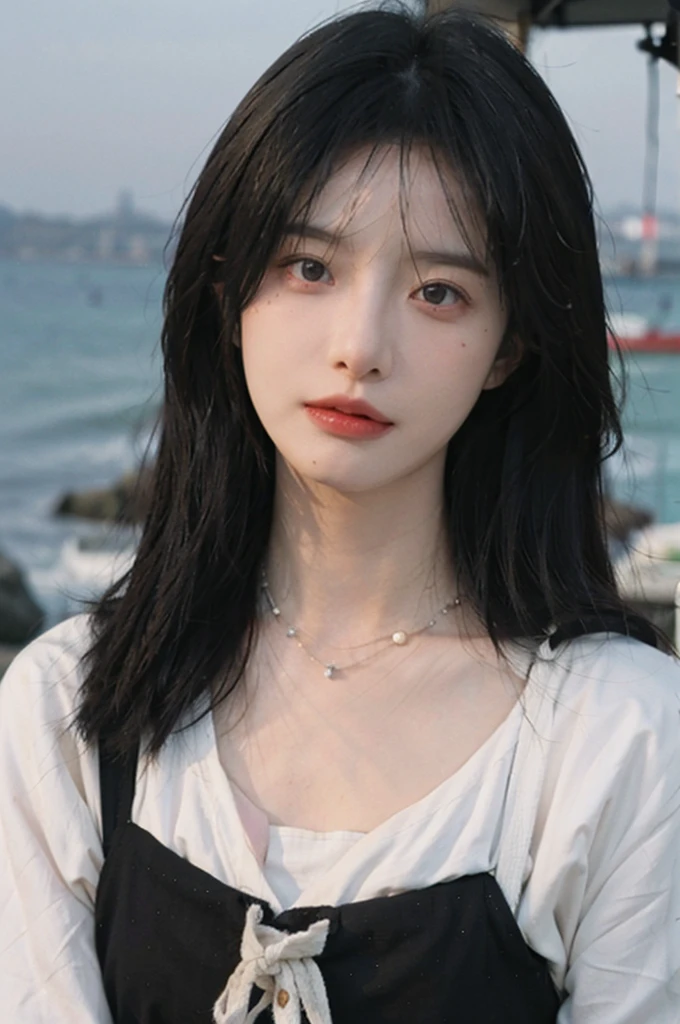 Film portrait photography, 1girls, Lipstick, (big chest:1.2), Wear a necklace, Cute expression, Exquisite makeup, black suspenders, serene, calm, (Realistic and detailed eyes, Natural skin texture, Realistic facial details), Soft dramatic lighting, Vibrant details, Detailed and detailed, Surreal, 35mm film, hazy, outdoor, Seaside background, seaside, Depth of Field, Bokeh