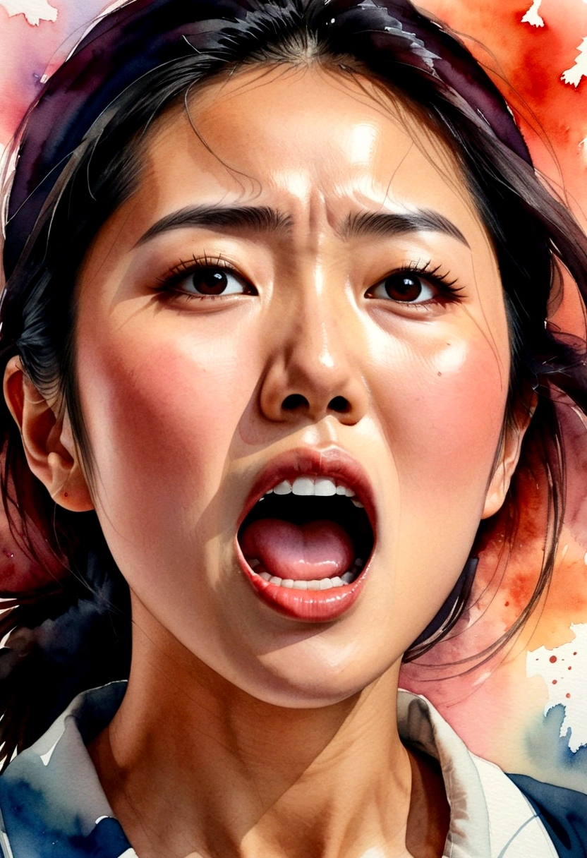 Portrait of a young Asian woman&#39;s face,The side opened its mouth extremely wide and shouted loudly in anger.,watercolor