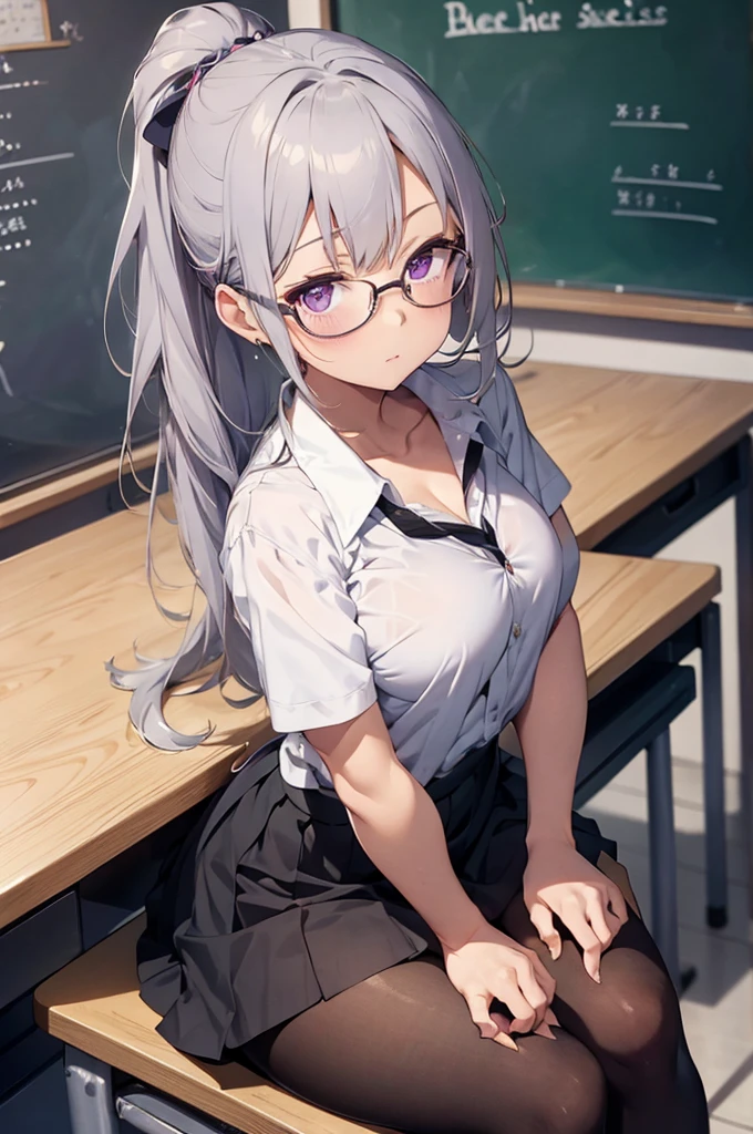 a very busty anime girl in glasses sitting on a desk in front of a chalk board, 1girl, breasts, silver hair , skirt, pantyhose, solo, glasses, cleavage, shirt, large breasts, desk, purple eyes, chalkboard, indoors, sitting, looking at viewer, classroom, collared shirt, blue shirt, partially unbuttoned, ponytail, black skirt, collarbone, long hair
