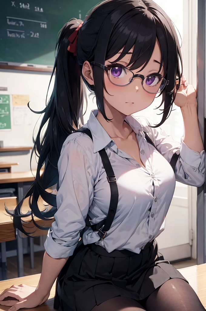 a very busty anime girl in glasses sitting on a desk in front of a chalk board, 1girl, breasts, silver hair , skirt, pantyhose, solo, glasses, cleavage, shirt, large breasts, desk, purple eyes, chalkboard, indoors, sitting, looking at viewer, classroom, collared shirt, blue shirt, partially unbuttoned, ponytail, black skirt, collarbone, long hair