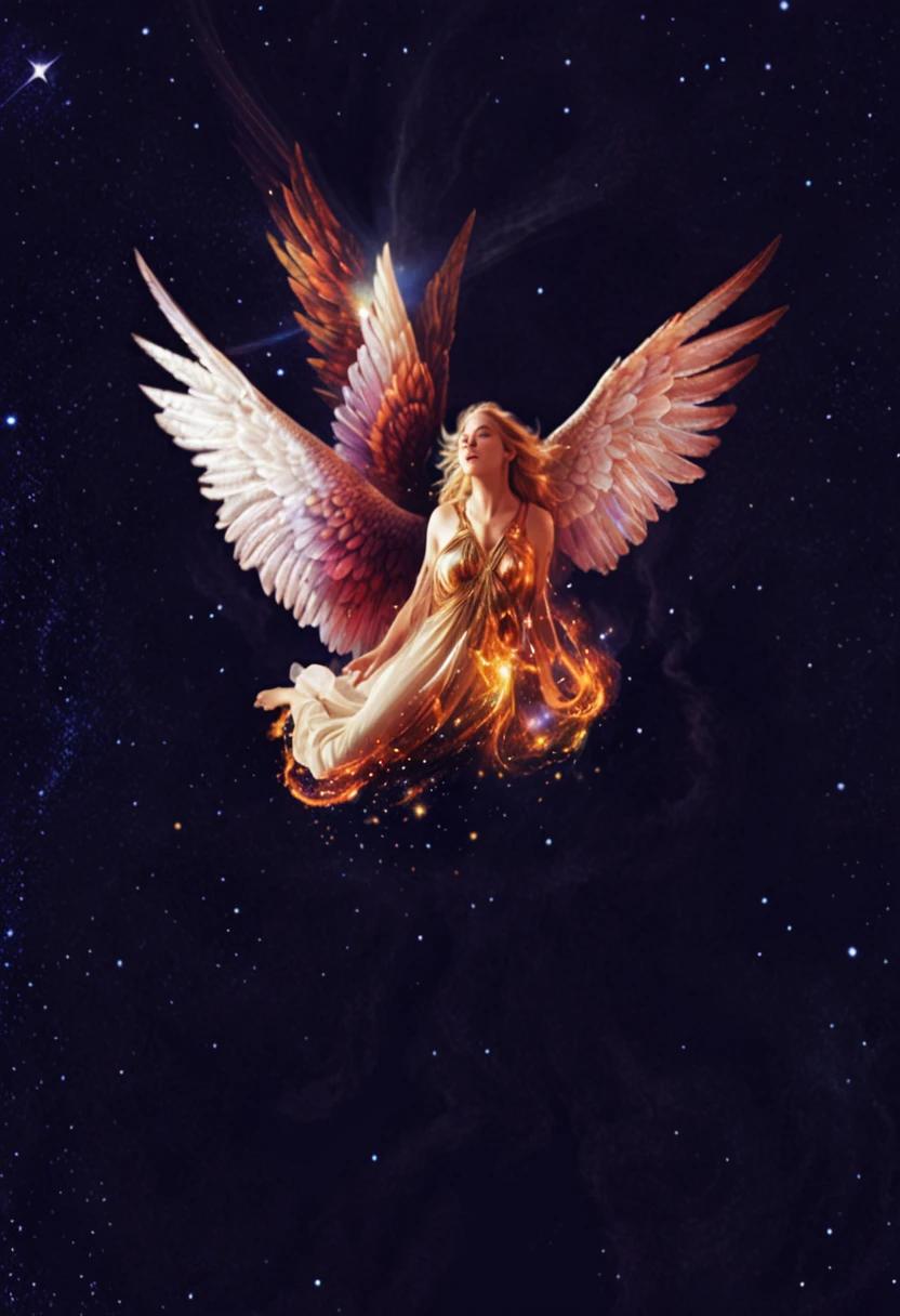 there is a bird that is flying in the sky with its wings spread, angel falling to andromeda, icarus falling from the sky, cosmic horror entity with wings, elven angel meditating in space, angel protecting woman, background artwork, wings growing out of arms, icarus, artwork of a phoenix, winged human, ''wallpaper of a phoenix resting, winged