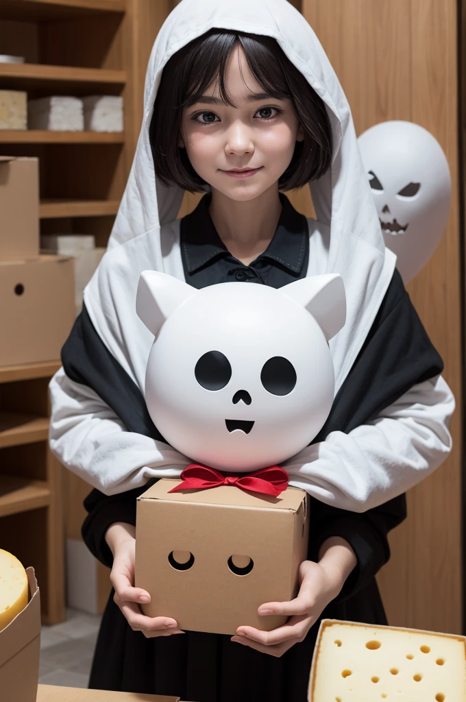 Create a GHOST with an evil face, carrying a box of cheese with both hands