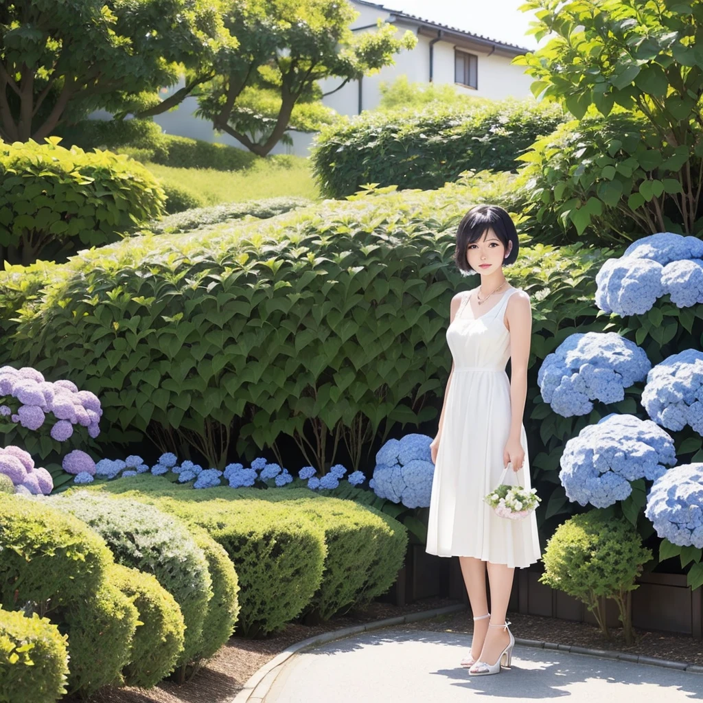 A hydrangea garden shrouded in a fantastic morning mist、Illustration of a Japanese woman strolling、Short black hair、Her facial features resemble those of Tsubaki Sannomiya、Coquettish feeling、A gentle expression with a touch of sadness、Small earrings and a matching necklace、Sleeveless white dress、White high heels