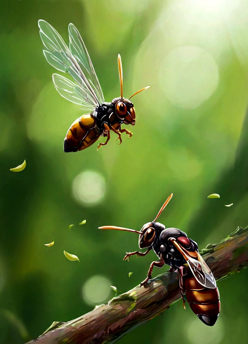 in the forest、Flying hornet、 Moving its wings at high speed