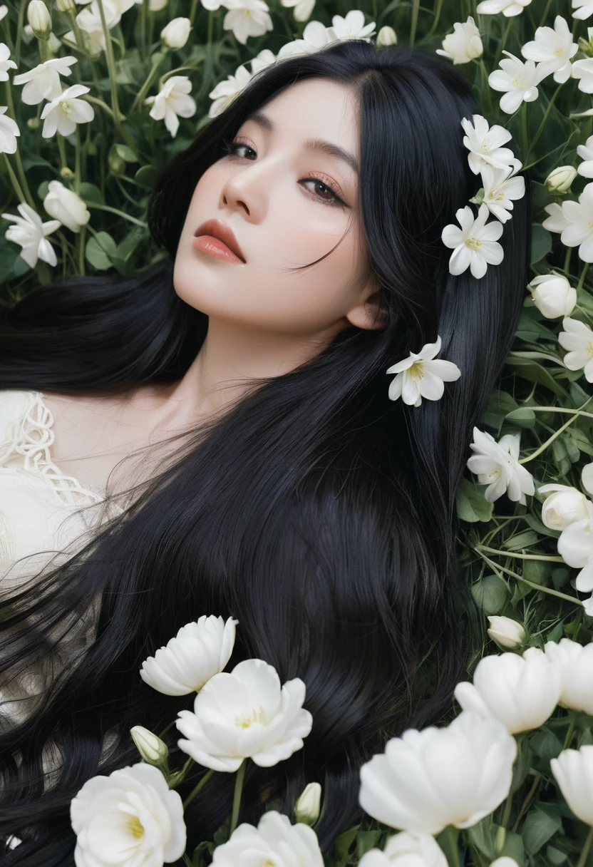 a woman with long black hair and white flowers in her hair is laying down in a field of white flowers, (amy sol:0.248), (stanley artgerm lau:0.106), (a detailed painting:0.353), (gothic art:0.106)