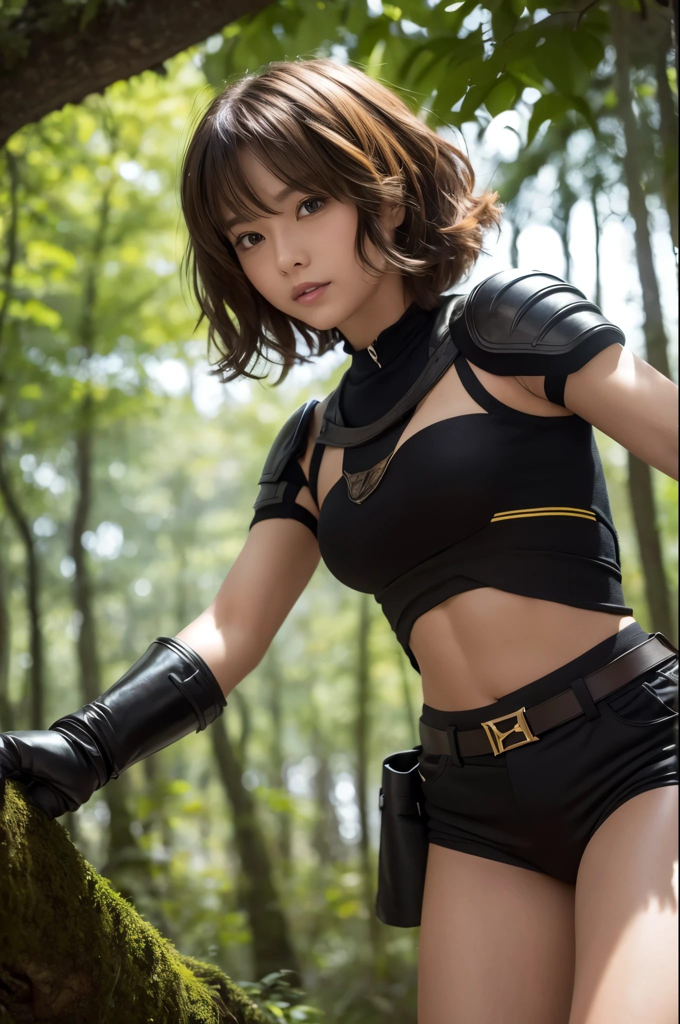 8K,黒と装を着て写真を撮るsmall breasts cat girl, small breasts cat girl, Her light brown hair and short curly hair are attractive., Fantasy art, little cat girl, Vojtek Fuss, small black and yellow chest armor, Chiquita, Trending on cgstation,In the woods,Laughter,Light brown permed short hair,Black and shorts,attractive,Ultra-high resolution,Realistic Skin,has cat eyes,Rich colors, Backlight, Cinema Lighting, Film Grain, 50mm lens, Nikon D850,Ultra-high resolution,Ultra-realistic,Compensate,Super sexy,Very violently、Strong abdominal muscles,Big eyes,whole body muscular,concentrated,Strengthen all your muscles,Dynamic pose,and black exterior,