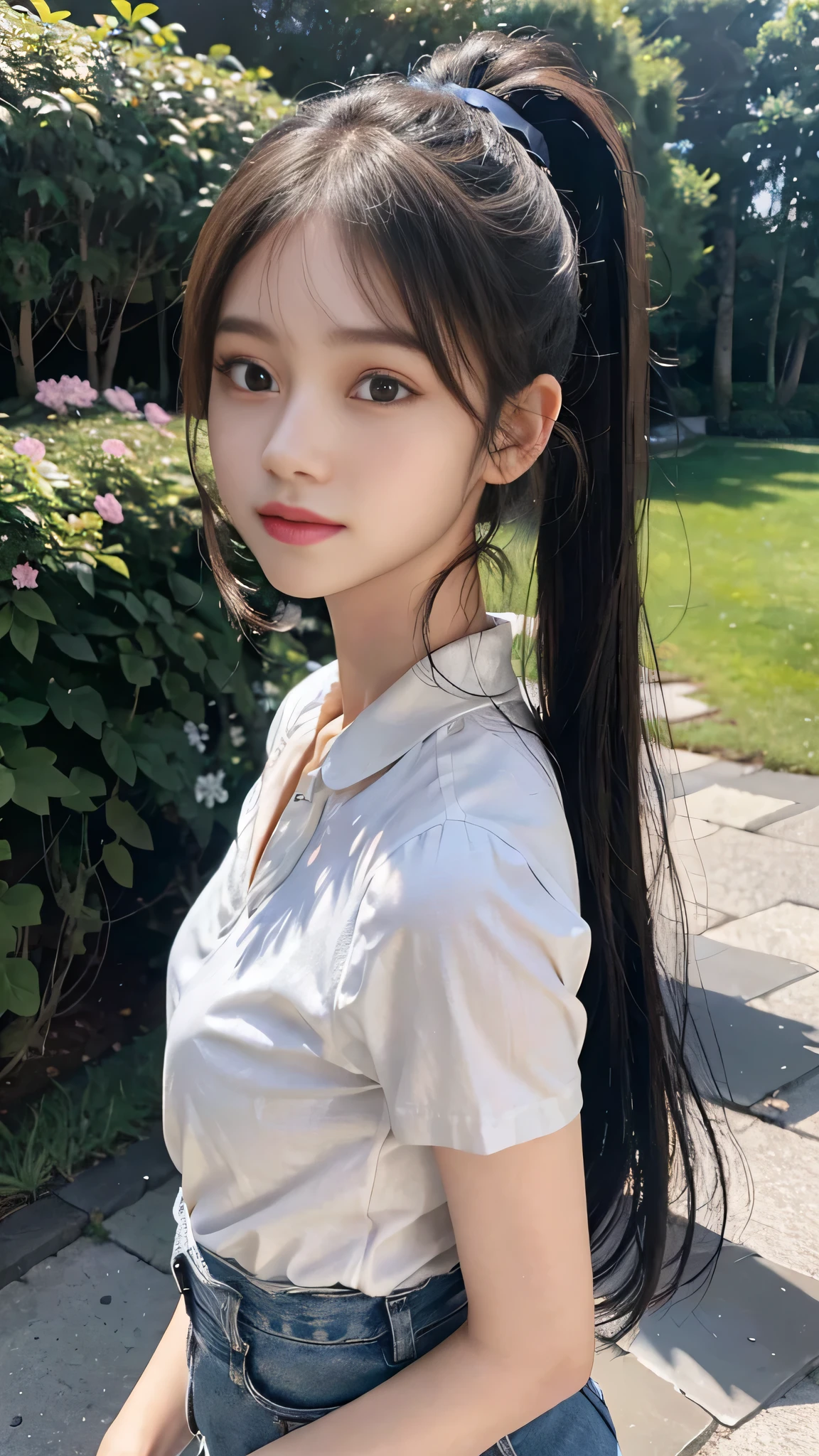 White collared shirt,jeans,Park,On the lawn,Close up face,One woman,masutepiece, The highest image quality, High quality, the background is clear,Beautiful woman, Japanese,Ultra-detailed, finely detail, hight resolution, 8K Wallpaper, Perfect dynamic composition, Beautiful detailed eyes , Detailed, Detailed eyes, Detailed skin, Beautiful skin, 超hight resolution, (reality: 1.4),Very beautiful woman, Slightly younger face, Beautiful skin, slender, (Ultra photo realsisim), (hight resolution), (8K), (Very detailed) (beautifully detailed eyes), (super detailed), (Detailed face), view the viewer, Fine details, Detailed face, Staring straight ahead, Staring straight ahead, photos realistic, Bright lighting, Professional Lighting, Black hair,poneyTail,a baby face,fourteen years old,Hairstyle: ponytail,Long ponytail hairstyle,slight smile,neat and tidy clothing,Beautiful Japanese KPOP idol photo, hair style is ponytail, my eyes are double and wide, baby face, smile and look straight ahead, slender, small breasts,Close up face,