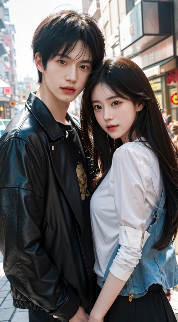 Anime couple posing for a photo on a city street, Guviz-style artwork, Guviz, cute couple, by Yang J, By Li Song, Ruan Jia and Artgerm, couple pose, By Ni Tian, by Ye Xin, author:Zhou Fang, Realistic. Cheng Yi, inspired by Yanjun Cheng, By Zeng Jing