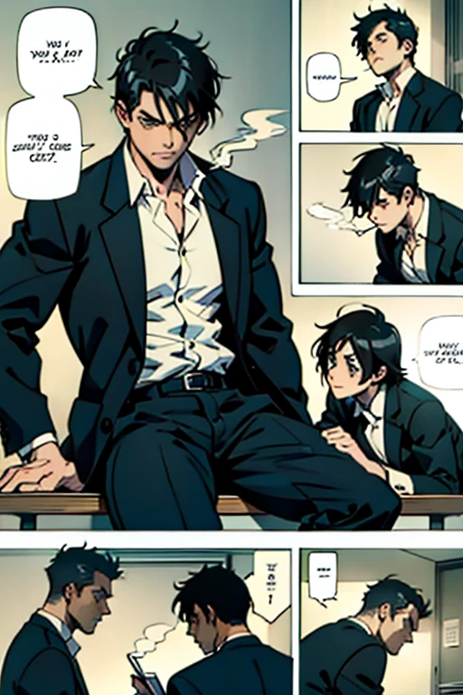 Guy with short black hair smoking and sitting, manga page with panels and dialogue