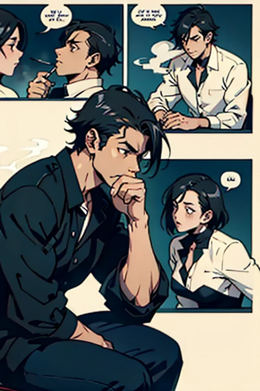 Guy with short black hair smoking and sitting, manga page with panels and dialogue