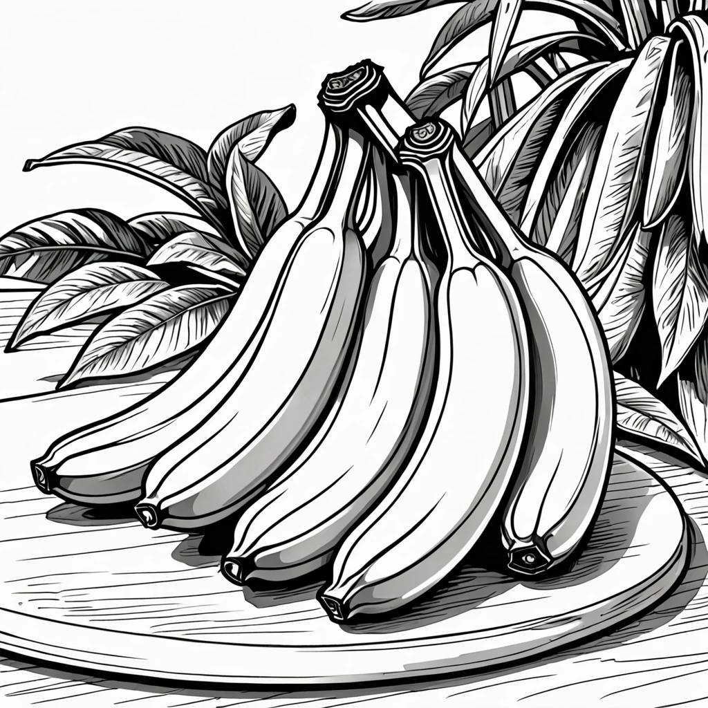 3 Bananas on the table. Children's coloring illustration. Black outline and white background.