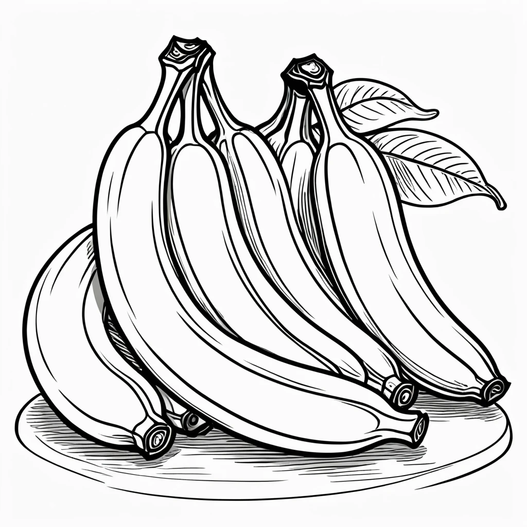 3 Bananas on the table. Children's coloring illustration. Black outline and white background.
