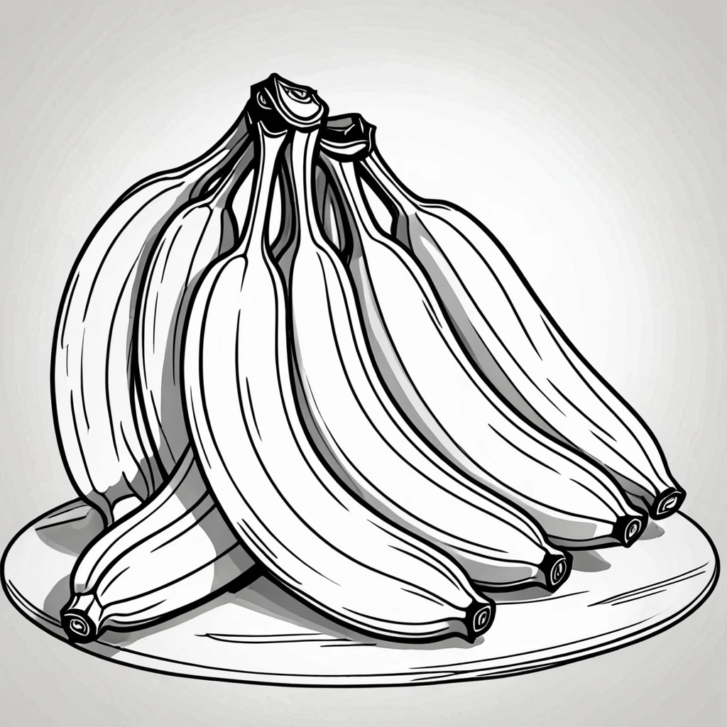 3 Bananas on the table. Children's coloring illustration. Black outline and white background.