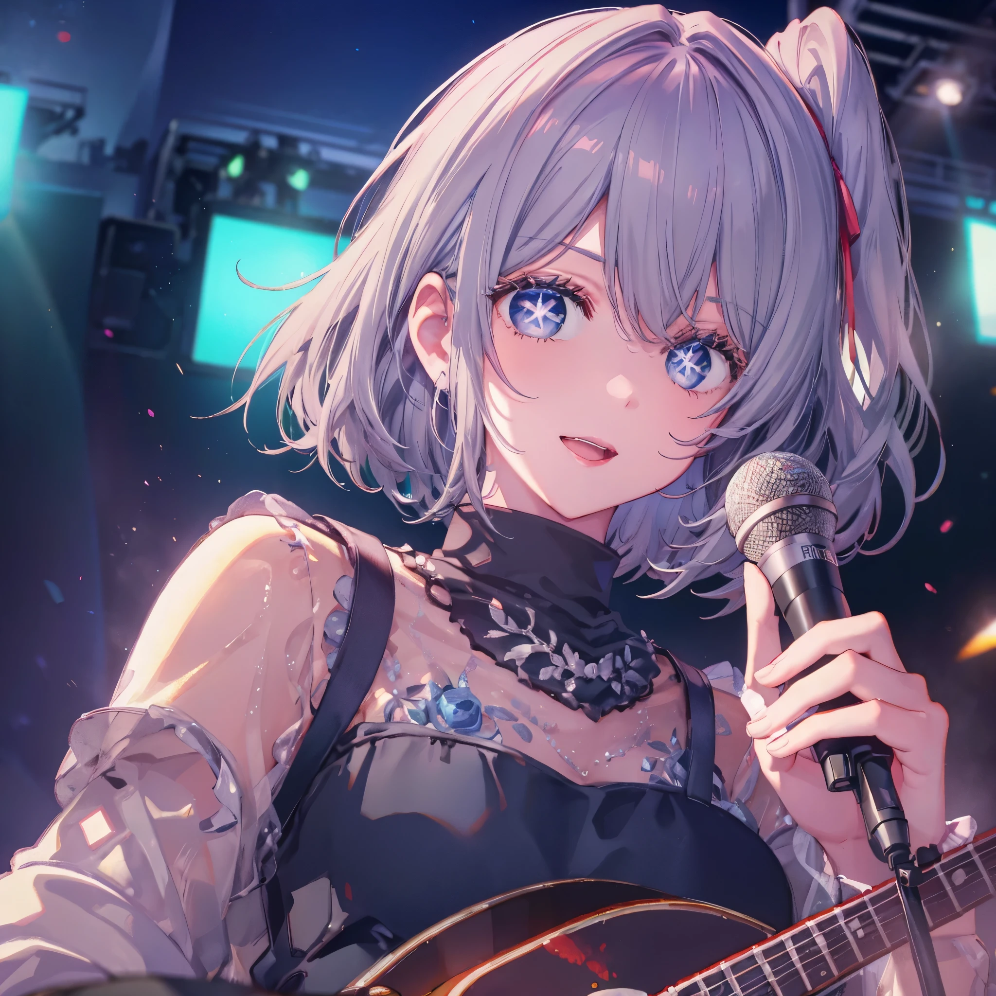 (((1 person Gray Hair dress singer blue eyes There is a microphone stand in front of you.))) ((High resolution short hair 青いdress Black Skirt Rin々Funny face)) ((Close-up)) ((Sing a song Shining Aura On stage Guitar solo)) (smile Exposure to blue light) Shining Background Shining Edge