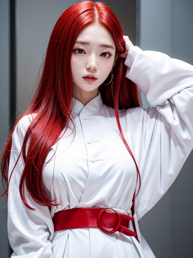 Korean with long red hair, white outfit, hair stuck, face photo