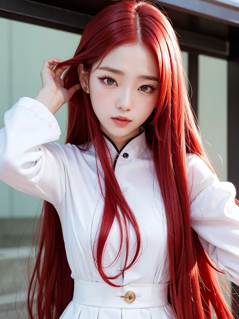  Korean with long red hair, white outfit, hair stuck, face photo