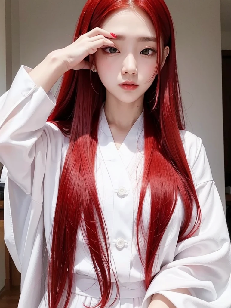  Korean with long red hair, white outfit, hair stuck, face photo