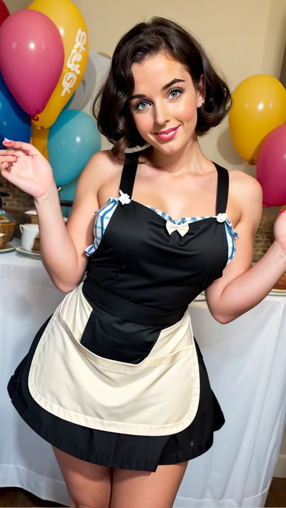 pinup girl folded her lips like a duck in an apron sexy holding a big beautiful cake with both hands