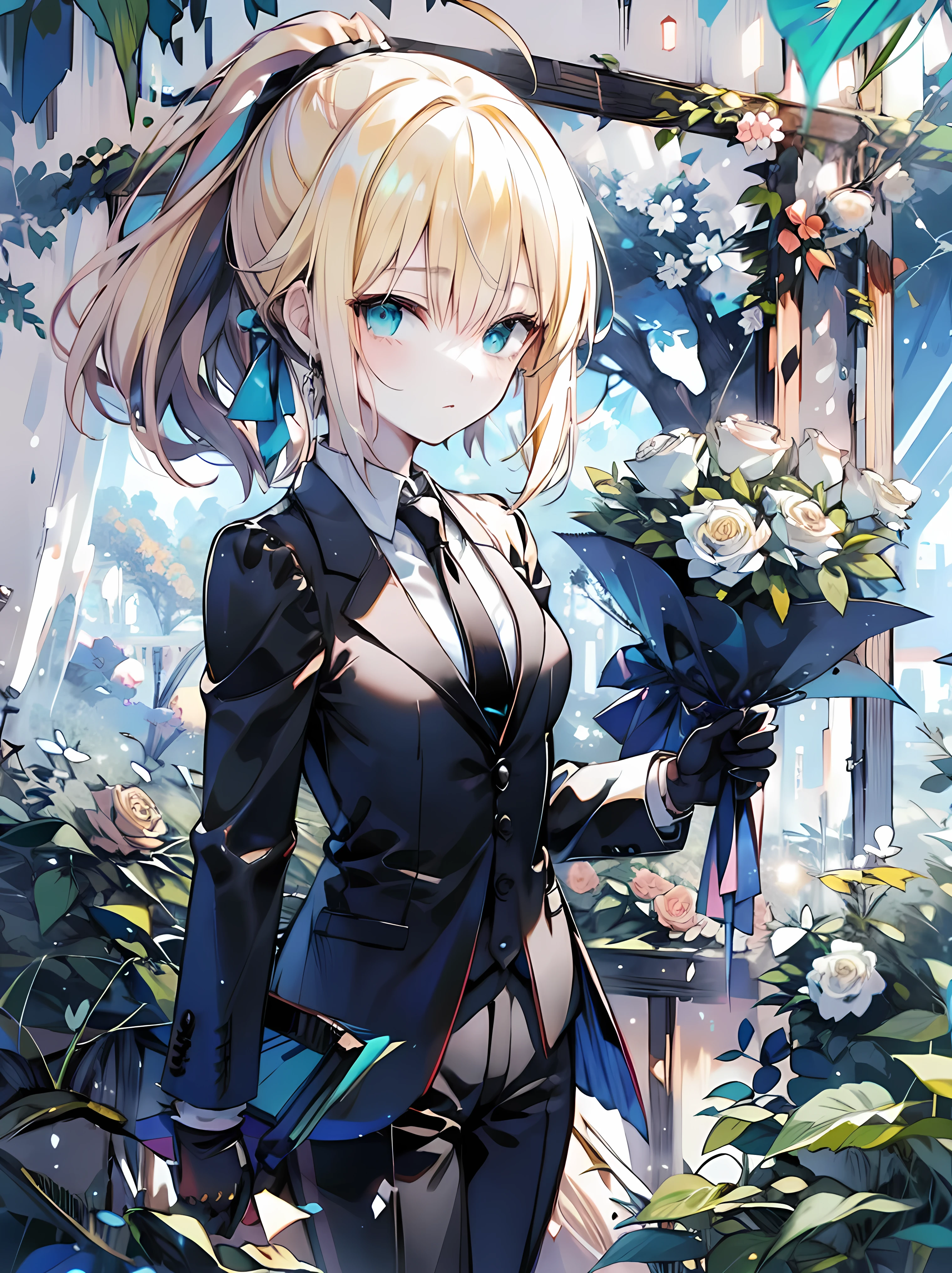 Uhd, absurdres, best_quality, masterpiece, best quality,1girl, solo, adult, woman, saberzero, formal, necktie, (blonde hair), (ponytail), ((ahoge)), straight hair, sidelocks, small breasts, looking at viewer, (black suit), grey shirt, (black tie), black half gloves, ((black pants)), close-up, straight bangs, long sleeves, (aqua eyes), white rose, rose garden, city in background, 