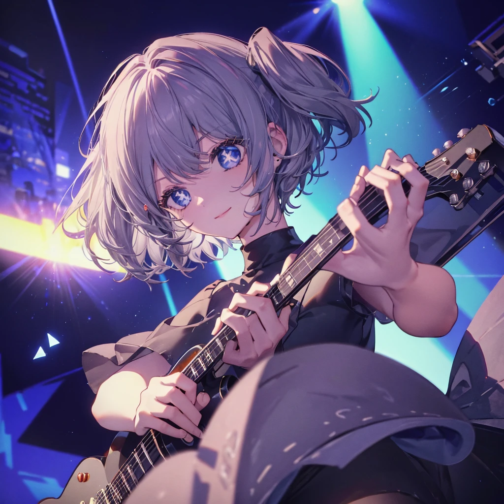 (((1 person　Gray Hair　dress　singer　blue eyes　There is a microphone stand in front of you.)))　((High resolution　short hair　青いdress　Black Skirt　Rin々Funny face))　((Close-up))　((Sing a song　Shining Aura　On stage　Guitar solo))　(smile　Exposure to blue light)　Shining Background　Shining Edge