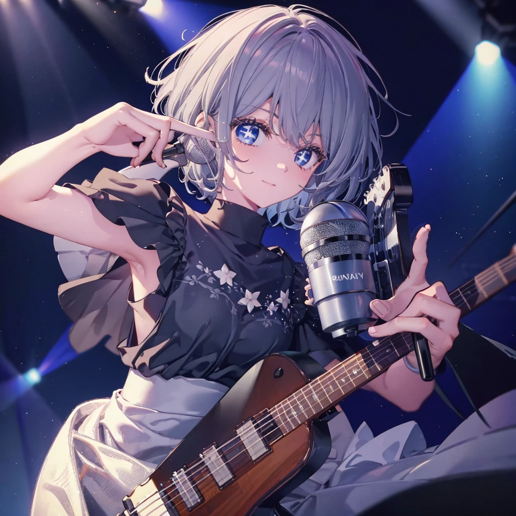 (((1 person Gray Hair dress singer blue eyes There is a microphone stand in front of you.))) ((High resolution short hair 青いdress Black Skirt Rin々Funny face)) ((Close-up)) ((Sing a song Shining Aura On stage Guitar solo)) (smile Exposure to blue light) Shining Background Shining Edge