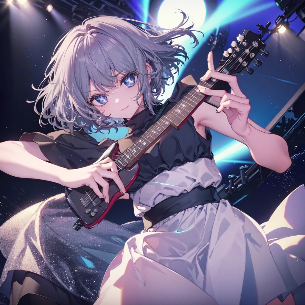 (((1 person Gray Hair dress singer blue eyes There is a microphone stand in front of you.))) ((High resolution short hair 青いdress Black Skirt Rin々Funny face)) ((Close-up)) ((Sing a song Shining Aura On stage Guitar solo)) (smile Exposure to blue light) Shining Background Shining Edge