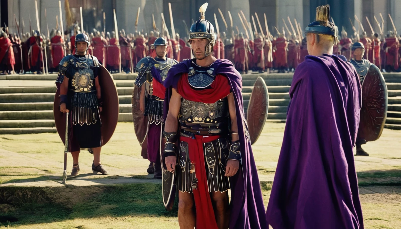 A cinematic photo of an ancient Roman praetorian guard, 40 years old, with handsome features and strong arms. They are dressed in black armor and carry long rectangular shields adorned with Roman symbols. Their purple togas hang over their shoulders and their helmets rest on their heads. He stands guard next to the Roman emperor who is in toga and luxurious jewelry inside the luxurious imperial palace, where a throne sits. The atmosphere is intense and dramatic, focusing on the guards' unwavering loyalty and strength., cinematic, photo