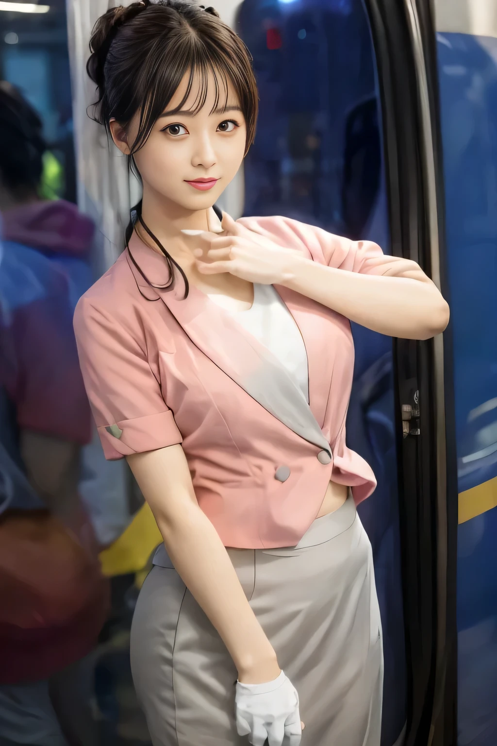 (masterpiece:1.2, Highest quality:1.2), 32k HDR, High resolution, (alone、1 girl)、 (Height: 160cm)、(On the rooftop of a building in the daytime、Professional Lighting)、Building rooftop background、(Nankai train crew uniform pinkを着たリアルスタイル)、(Nankai train crew uniform pink short sleeve collarless pink jacket、Nankai Train Crew Uniform Pink Collarless Short Sleeve Blouse、Nankai Train Crew Uniform Pink Grey Knee-length Culottes)、(The pink jacket is showing from the culottes.)、Dark brown hair、(Hair tied up、Hair tied up、Evening curly hairstyle)、Dark brown hair、Long Shot、Big Breasts、Thin legs、((Great hands:2.0)),((Harmonious body proportions:1.5)),((Normal limbs:2.0)),((Normal finger:2.0)),((Delicate eyes:2.0)),((Normal eyes:2.0)))、smile、(Nankai Train Crew Uniform Pink Grey Knee-length Culottesを見せた美しい歩く姿)、Place your hands around your stomach、Lanyard employee ID card