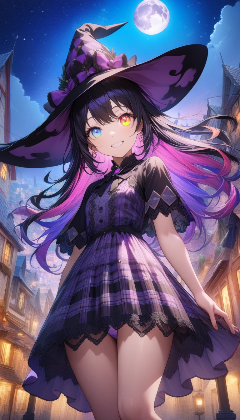 (((16k))), (((hight quality))), (((high-level image quality))), (((beautiful colorful eyes))), (((beautiful colorful hair))), ultra detailed colorful antenna hair, (((smile))), (((happy))), (((16k quality full moon))), (((extremely detailed background))), (((starry sky background))), (((town background))), (((unity 16k wallpaper))), (((masterpiece))), (((best quality))), (((ultra-detailed))), (((an extremely delicate and beautiful))), (((beautiful detailed eyes))), (((beautiful detailed glow))), ((((ultra detailed colorful plaid dress)))), (((peer in from below))), ((cowboy shot)), ((face focus)), (((ultra detailed plaid witch hat))), ((( shot))), (((purple plaid ))), (((purple over-kneehighs))), (beautiful five-fingered hand), ((hyperrealistic)), ((箒に跨る)),