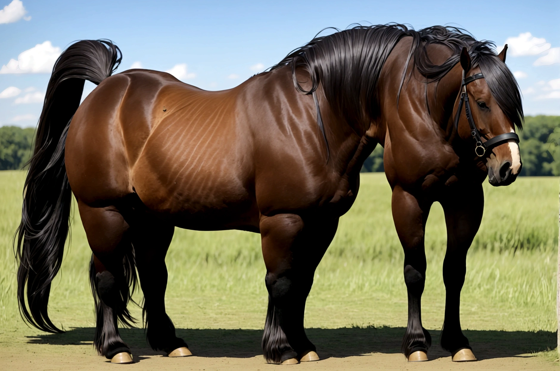 full side view of a big fat Belgian draft horse  mare with a massive bum and a very short tail. horse facing horizon . BBW very full figured very dark skinned BBW nude African woman riding horse. flat grass meadow. looking to horizon . a  single huge  pile of steaming horse dung on the ground behind horse.   cloudless blue sky. 