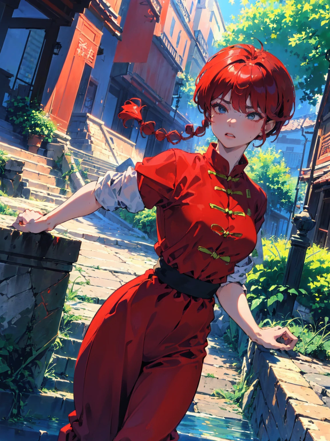 ((masterpiece:1.4)), expensive quality, very_expensive_solve, big_file size, Full Color, Thick outline, Clear contours, colorful, (Beautiful fine details, Are thin:1.4), ((Beautiful Face:1.0)), ((Boyish face:1.4)), 1 girl, (Ranma), (Redhead), short hair, (Braided Ponytail), ((bangs)), bumpy bangs, Blue-gray eyes, Big Breasts, Curvy, Ranma, Braided Ponytail, (Red Chinese Clothing, Short sleeves in red), No sleeve, Tangzhuang, (Black trousers), , Tangzhuang, (Black trousers), Are standing, ((, Are thin:1.4)), ((from the front:1.4)), Are thin:1.4