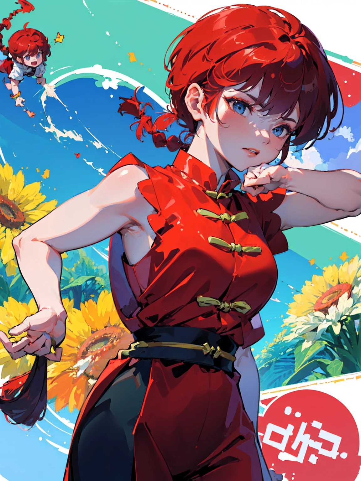 ((masterpiece:1.4)), expensive quality, very_expensive_solve, big_file size, Full Color, Thick outline, Clear contours, colorful, (Beautiful fine details, Are thin:1.4), ((Beautiful Face:1.0)), ((Boyish face:1.4)), 1 girl, (Ranma), (Redhead), short hair, (Braided Ponytail), ((bangs)), bumpy bangs, Blue-gray eyes, Big Breasts, Curvy, Ranma, Braided Ponytail, (Red Chinese Clothing, Short sleeves in red), No sleeve, Tangzhuang, (Black trousers), , Tangzhuang, (Black trousers), Are standing, ((, Are thin:1.4)), ((from the front:1.4)), Are thin:1.4