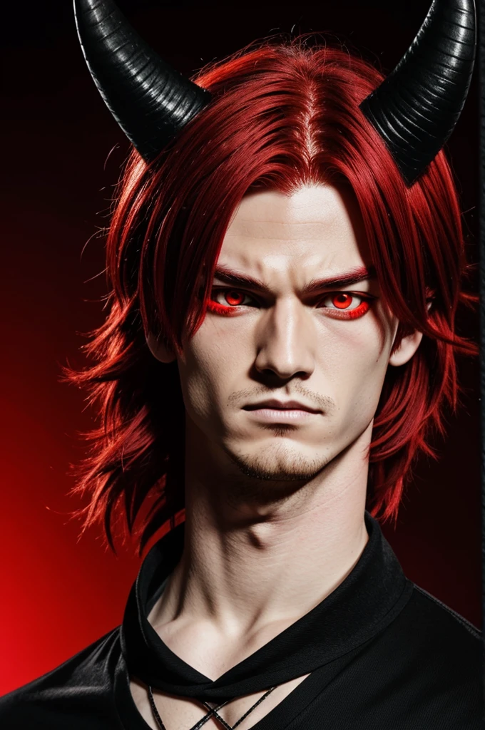 Male manga character, He has red hair he has 4 demon horns from the manga he has a black spot on the front of his face eyes, and red eyes or red pupils like in the manga, Black shirt and black pants