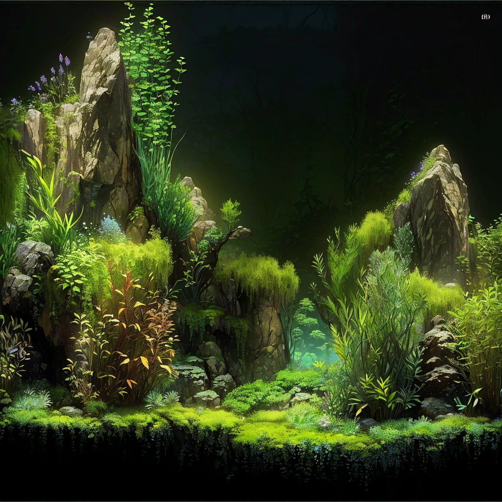 there is an aquarium with plants and rocks in it, Iwagumi Waterscape, aquatic plants, overgrown with aquatic plants, aquatic plants, detailed scenery - width 672, theophanic atmospheric nursery, river with low plants, beautiful environment, moss, ecossistema, moss landscape, underwater plants, Lush Environment, incredible depth. black background with slight variation towards blue.