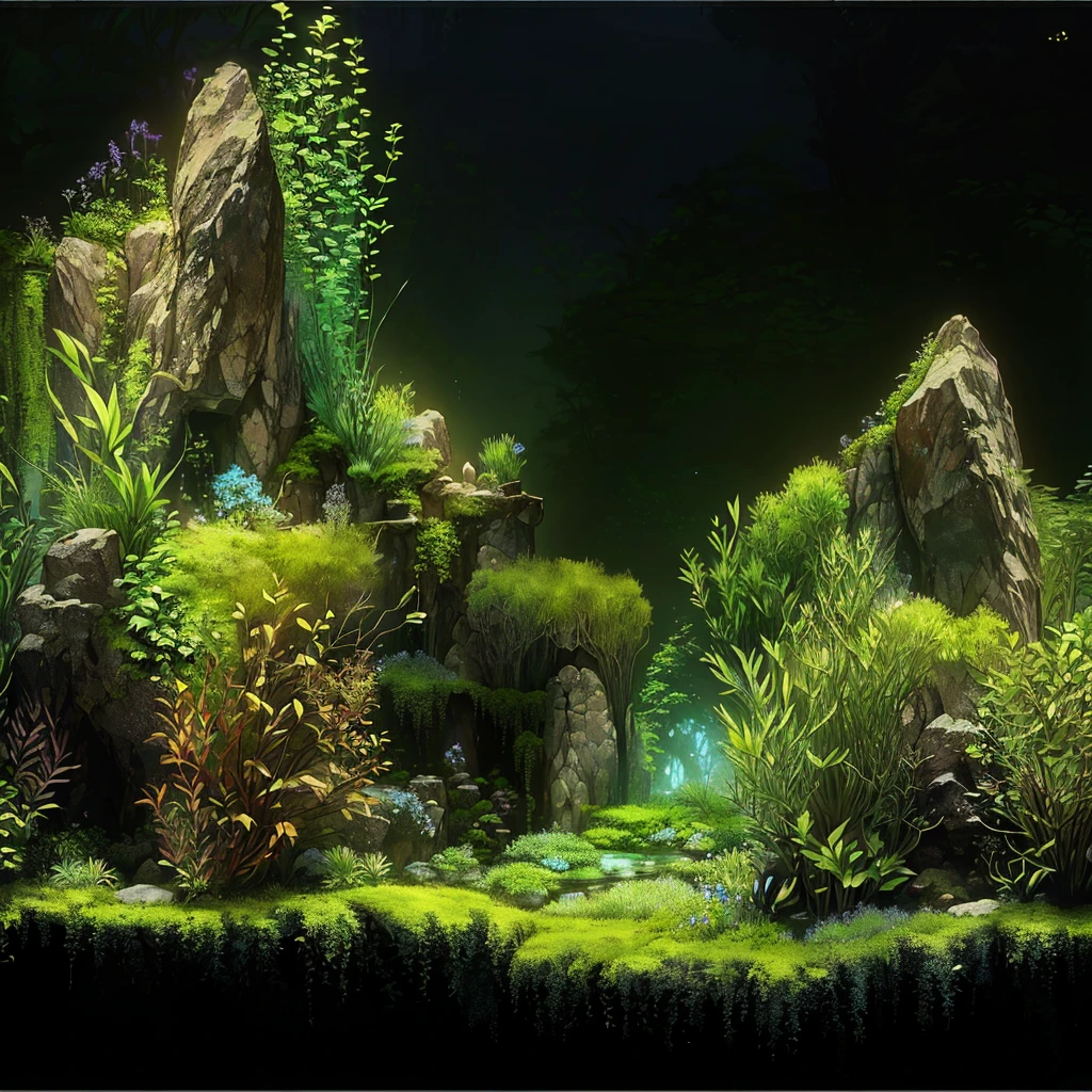 there is an aquarium with plants and rocks in it, Iwagumi Waterscape, aquatic plants, overgrown with aquatic plants, aquatic plants, detailed scenery - width 672, theophanic atmospheric nursery, river with low plants, beautiful environment, moss, ecossistema, moss landscape, underwater plants, Lush Environment, incredible depth. black background with slight variation towards blue.