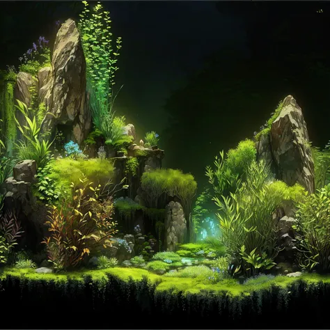 there is an aquarium with plants and rocks in it, iwagumi waterscape, aquatic plants, overgrown with aquatic plants, aquatic pla...