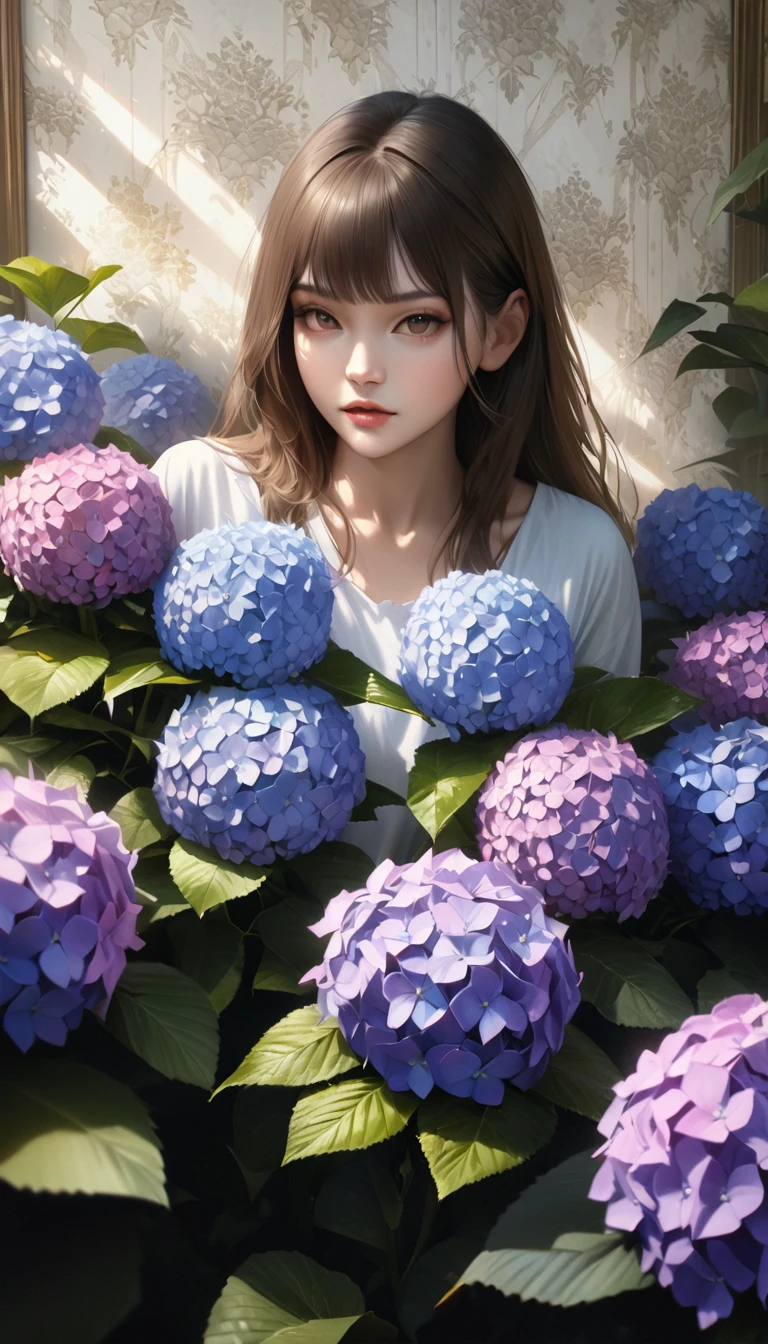 (Highest quality:1.2, Very detailed, Latest, wallpaper, Ultra-high resolution, Realistic, masterpiece:1.2, Highest quality, Best aesthetics),Hydrangea, garden, It's raining lightly, Small Hill, Pebble Road, Soft Light, Dark Color Palette, , silence.I see big drops of rain