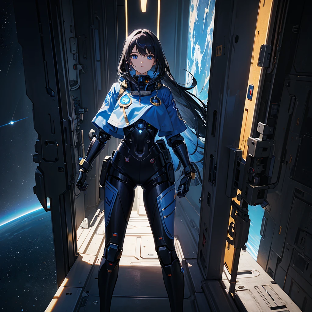 (masterpiece:1.2) (((32k))),(((Highest quality))), perfect woman, masterpiece, add_detail best quality, perfect anime girl, Poster, Futuristic, blue shades, robotic girl, a boy and a girl, romantic scene, space shuttle
