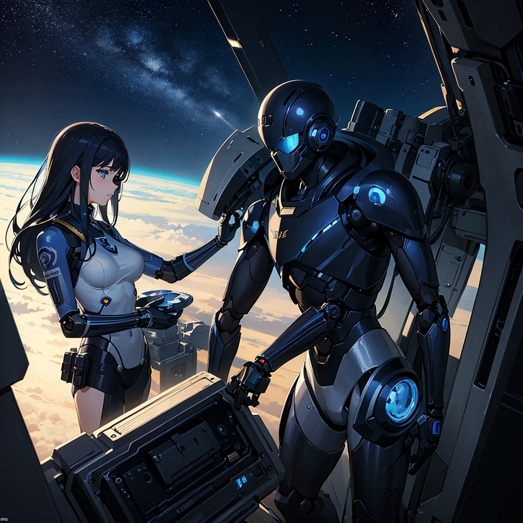 (masterpiece:1.2) (((32k))),(((Highest quality))), perfect woman, masterpiece, add_detail best quality, perfect anime girl, Poster, Futuristic, blue shades, robotic girl, a boy and a girl, romantic scene, space shuttle