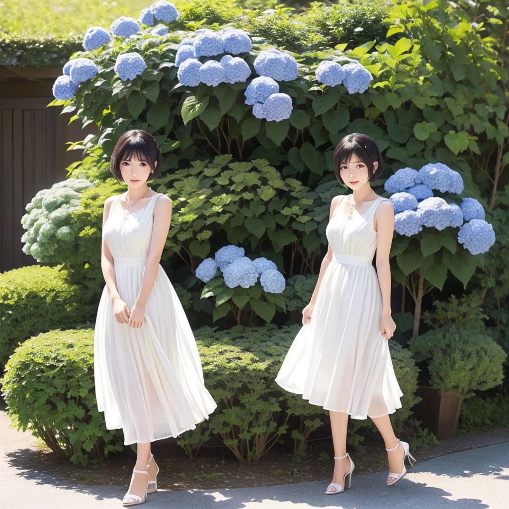 A hydrangea garden shrouded in a fantastic morning mist、Illustration of a Japanese woman strolling、Short black hair、Her facial features resemble those of Tsubaki Sannomiya、Coquettish feeling、A gentle expression with a touch of sadness、Small earrings and a matching necklace、Sleeveless white dress、White high heels
