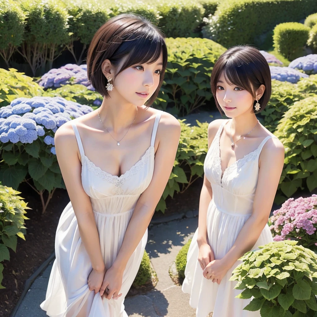 A hydrangea garden shrouded in a fantastic morning mist、Illustration of a Japanese woman strolling、Short black hair、Her facial features resemble those of Tsubaki Sannomiya、Coquettish feeling、A gentle expression with a touch of sadness、Small earrings and a matching necklace、Sleeveless white dress、White high heels
